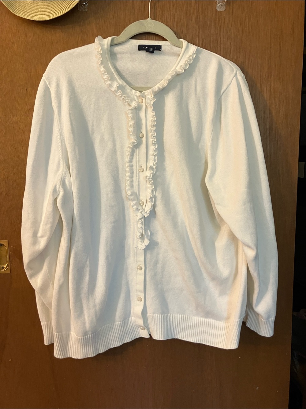 Lands' End White cotton Ruffle-Front Cardigan